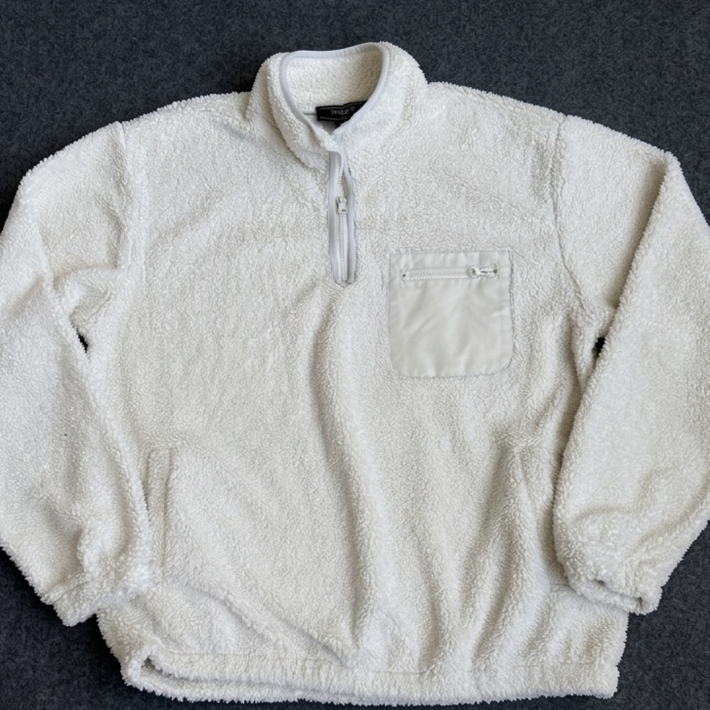 Forever 21 Men’s Large Cream Sherpa Fleece 1/4 Zip Pullover Jacket White Pocket